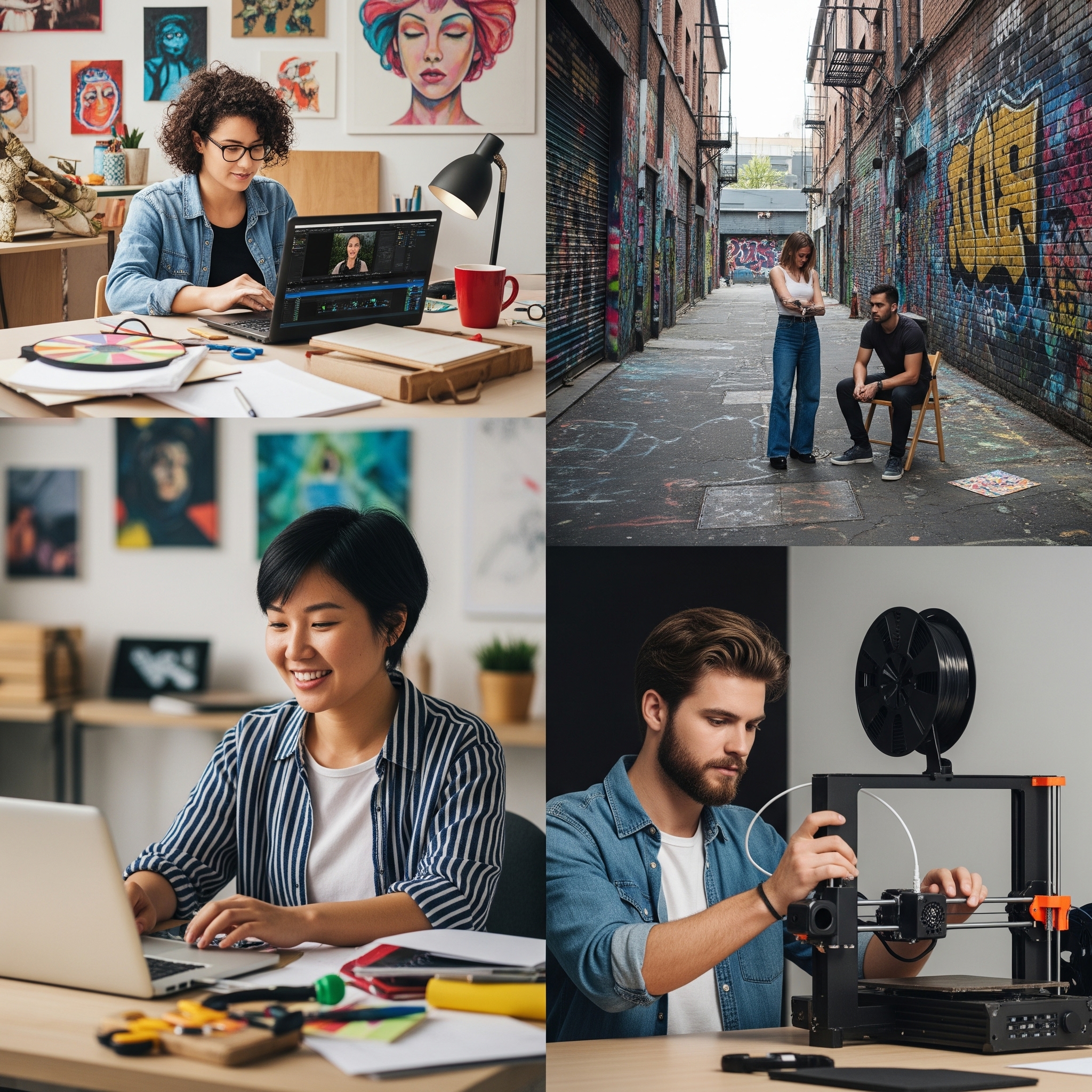A collage of four images: a woman working at a desk with painting utensils and paintings, two people in an alley covered in graffiti, a woman typing on a laptop and a man operating a 3D printer in an office.