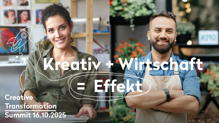 Links sitzt eine Person und zeichnet. Rechts steht eine Person vor einem Blumenladen. Text: "Kreativ + Wirtschaft = Effekt". Unten links: "Creative Transformation Summit 16.10.2025".