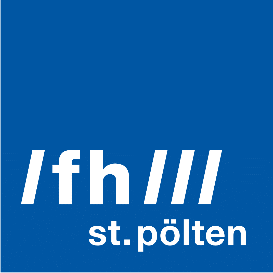 Logo mit blauem Hintergrund und fetter weißer Schrift: /fh /// in großen Buchstaben und st. pölten darunter in kleineren Buchstaben.