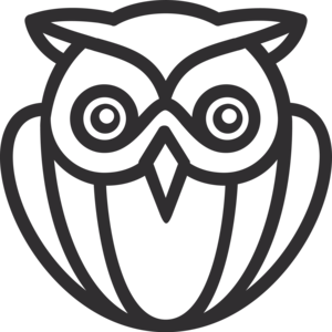 Schwarze Umrisszeichnung einer stilisierten Eule mit großen runden Augen, einem spitzen Schnabel und ausgebreiteten Flügeln, von vorne gesehen.