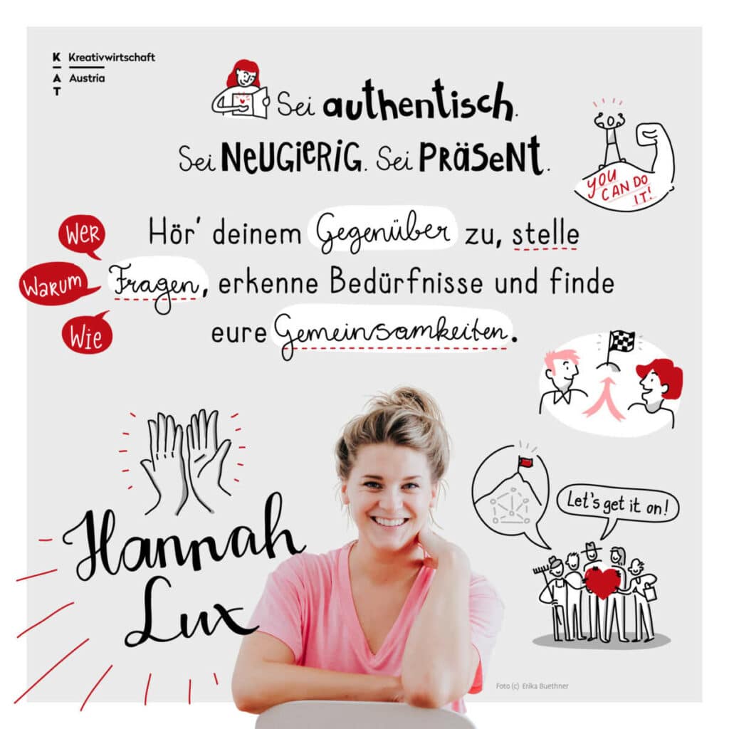Eine lächelnde Frau in einem rosa Hemd sitzt vor einem illustrierten deutschen Motivationstext über Authentizität, Neugier und aktives Zuhören, umgeben von handgezeichneten Symbolen und Cartoons. Der Name Hannah Lux steht neben ihr.