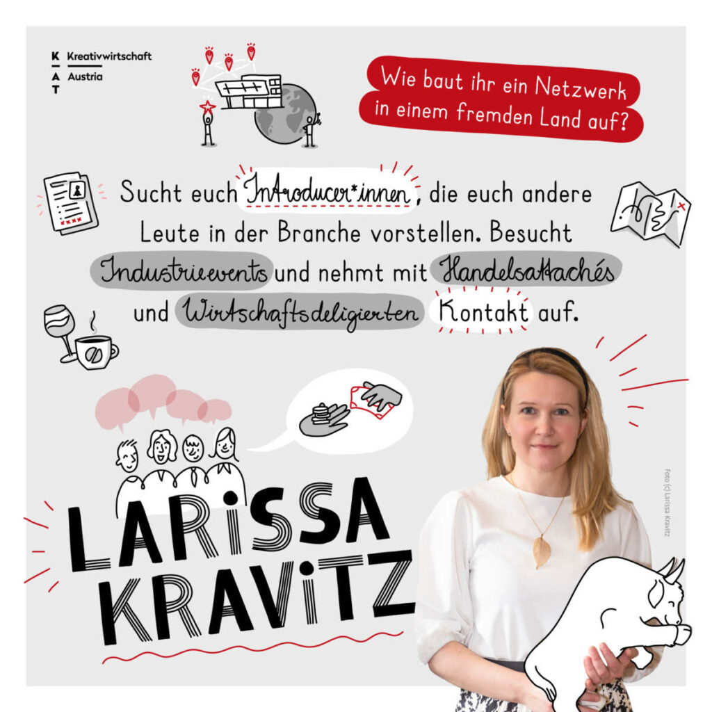 Eine Frau hält eine Zeichnung einer Katze in der Hand. Der Text auf Deutsch bietet Ratschläge für die Vernetzung im Ausland und listet Vorschläge auf. Ihr Name, Larissa Kravitz, ist darunter fett geschrieben. Einfache Illustrationen und Symbole umgeben sie auf einem weißen und rosa Hintergrund.