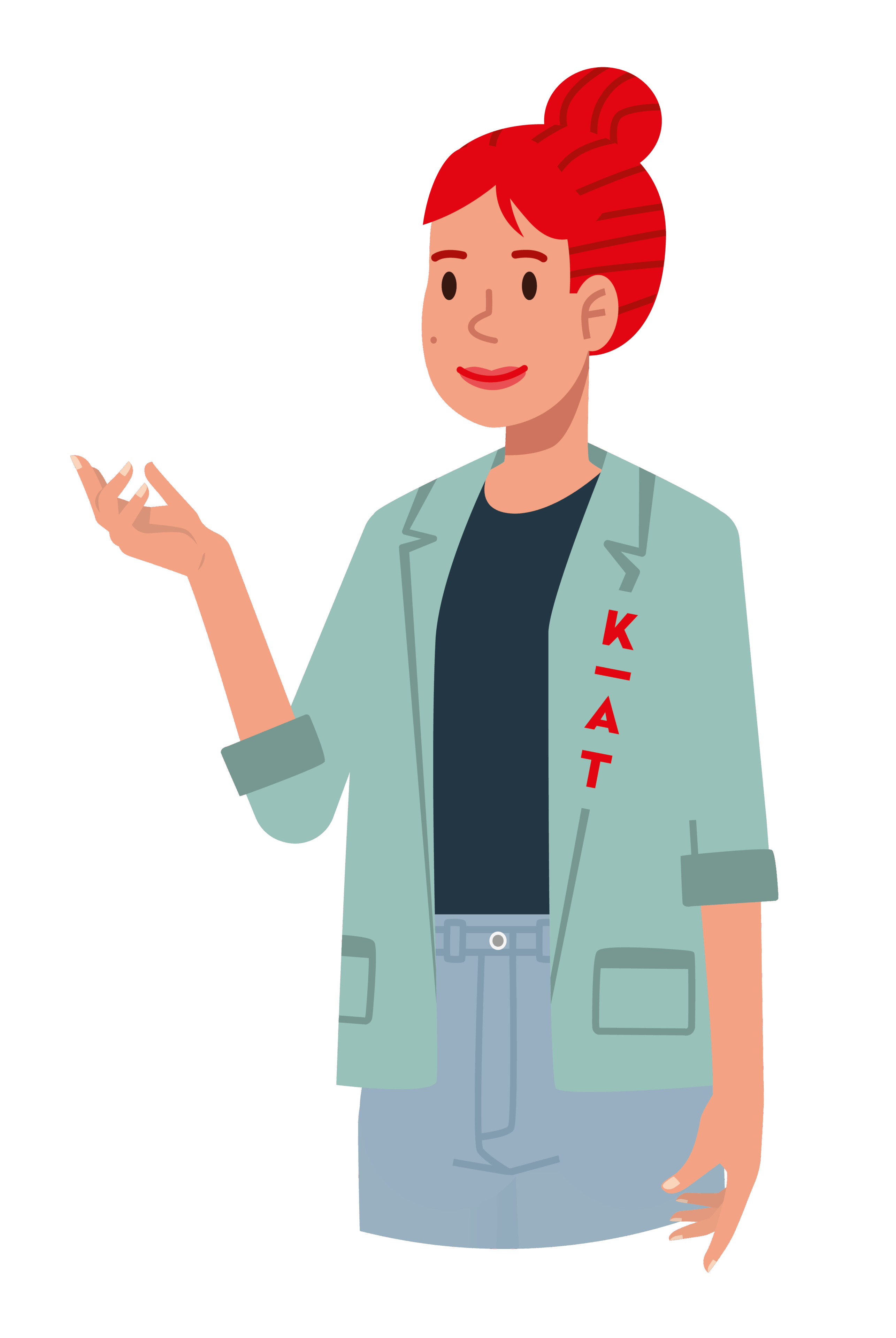 Illustration einer Frau mit roten Haaren in einem Dutt, die eine hellgrüne Jacke mit der Aufschrift KAT, ein schwarzes Hemd und blaue Shorts trägt, lächelt und mit einer erhobenen Hand gestikuliert.