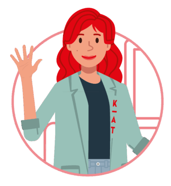 Illustration einer Frau mit langen roten Haaren, die weht. Sie trägt eine hellgrüne Jacke mit hochgekrempelten Ärmeln, ein schwarzes Hemd und den Namen Kat, der senkrecht auf die Jacke geschrieben ist.