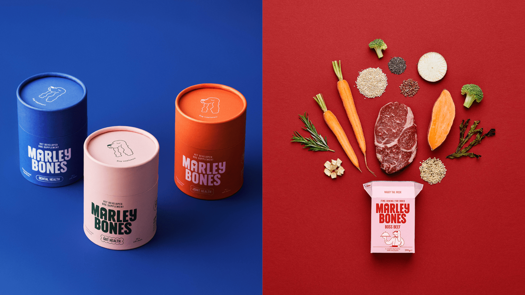 Ein geteiltes Bild zeigt auf der linken Seite drei Marley Bones-Hundefutterdosen auf blauem Hintergrund (blau, rosa, orange) und auf der rechten Seite ein Steak, Gemüse, Kräuter und Körner, die um eine rosa Marley Bones-Box auf rotem Hintergrund angeordnet sind.