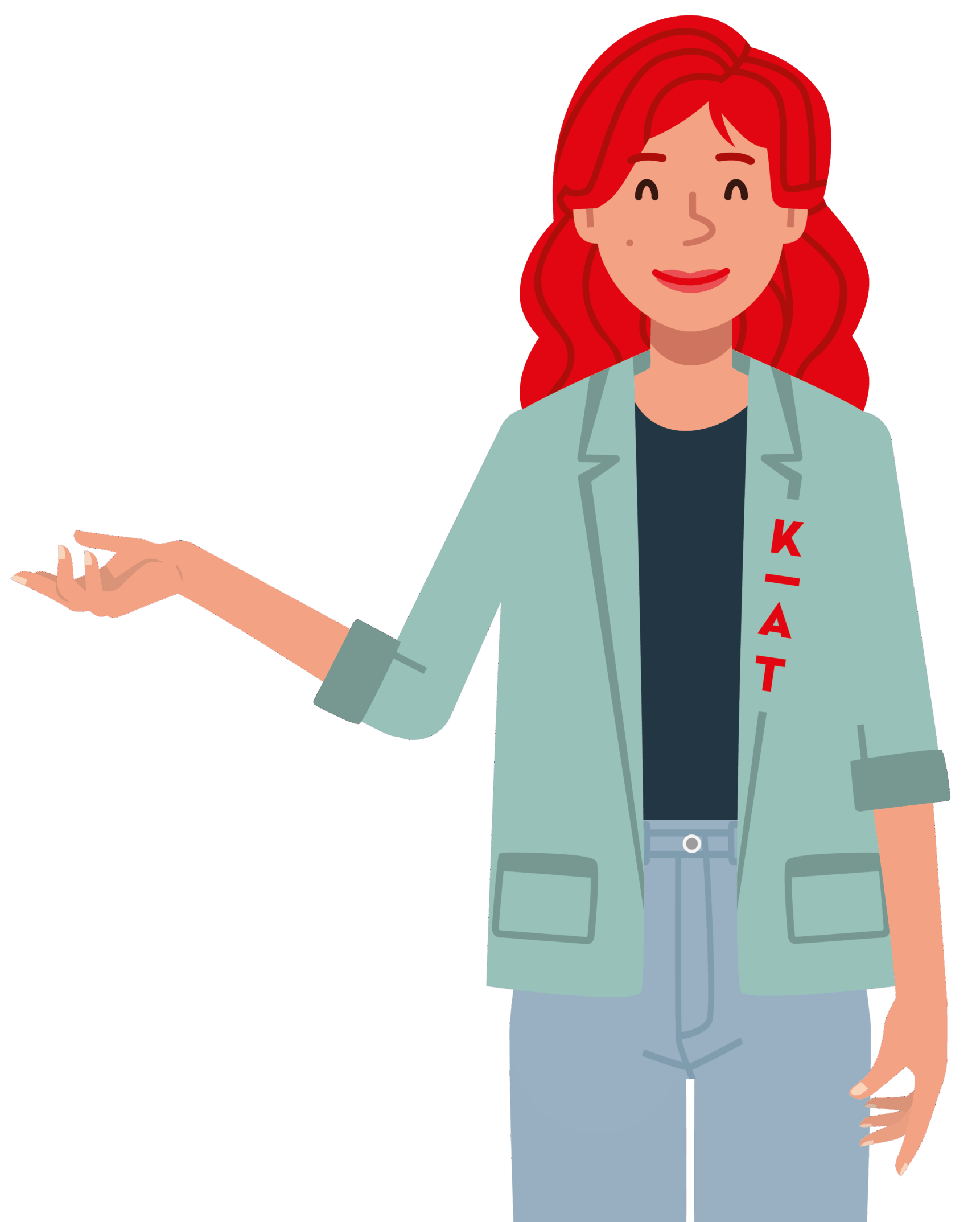 Eine illustrierte Frau mit langen roten Haaren lächelt und gestikuliert mit einer Hand. Sie trägt einen hellgrünen Blazer mit der Aufschrift KAT, ein schwarzes Hemd und eine hellblaue Jeans.
