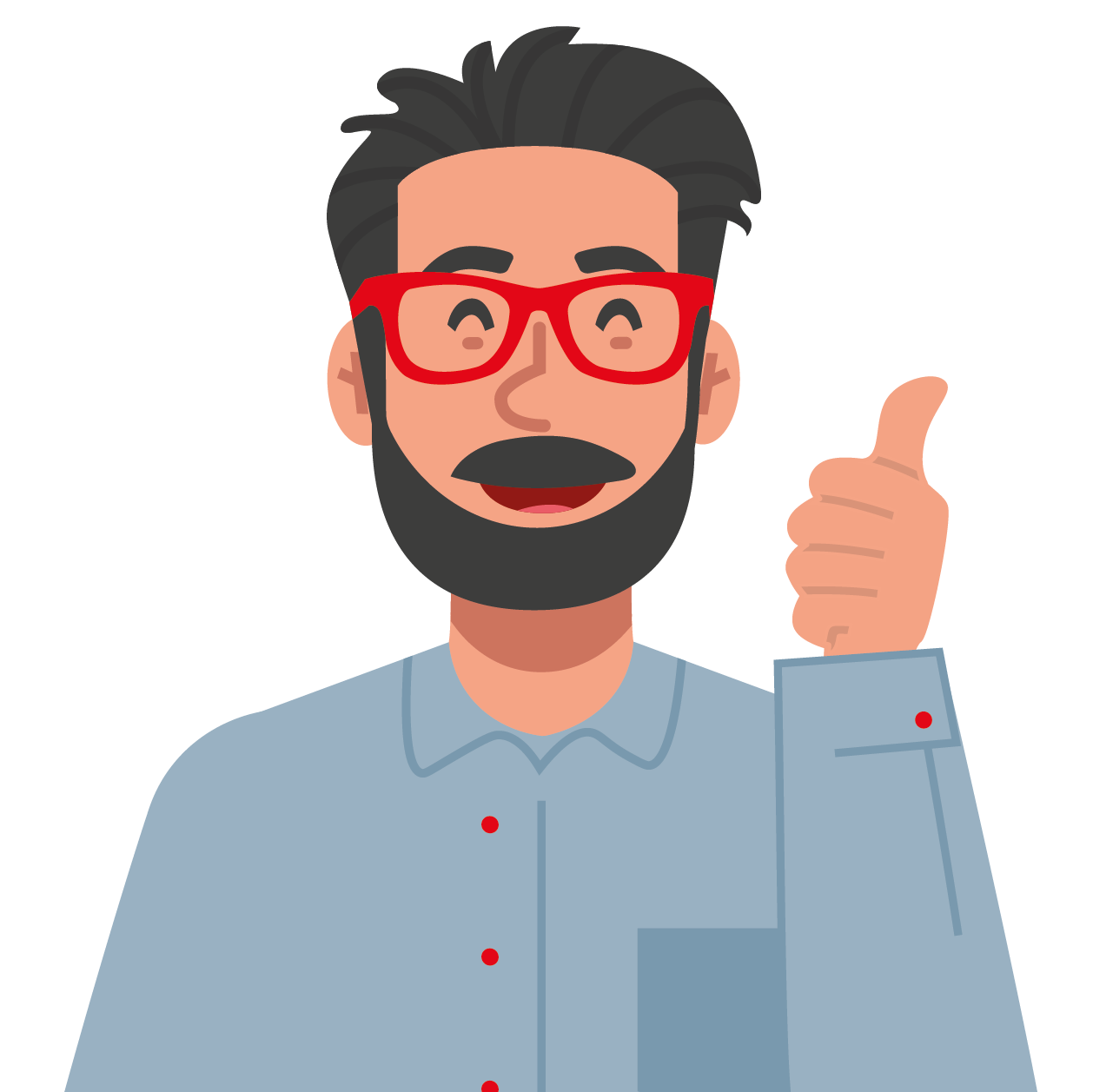 Illustration eines lächelnden Mannes mit dunklen Haaren, einem Bart und einer roten Brille, der ein hellblaues Hemd trägt. Er zeigt mit seiner rechten Hand den Daumen nach oben, was die positive Einstellung widerspiegelt, die in der Kreativbranche und im Geschäftsleben häufig anzutreffen ist.
