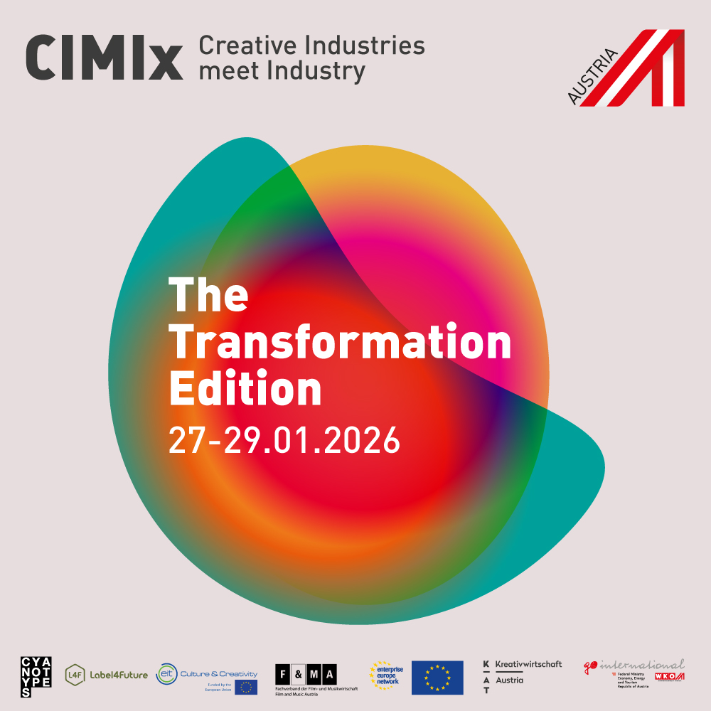 Veranstaltungsplakat mit bunten abstrakten Formen und Text: CIMIx Creative Industries meet Industry. Netzwerktreffen 2026 - The Transformation Edition, 27-29.01.2026. Österreich- und Partnerlogos befinden sich am unteren Rand.