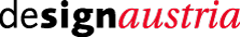 Das Logo zeigt den Schriftzug designaustria mit design in schwarzen Kleinbuchstaben und austria in roten kursiven Kleinbuchstaben, alles auf hellem Hintergrund.