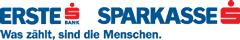 Logo mit blauem Schriftzug ERSTE BANK und SPARKASSE, jeweils mit rotem Symbol, und darunter der deutsche Slogan Was zählt, sind die Menschen.