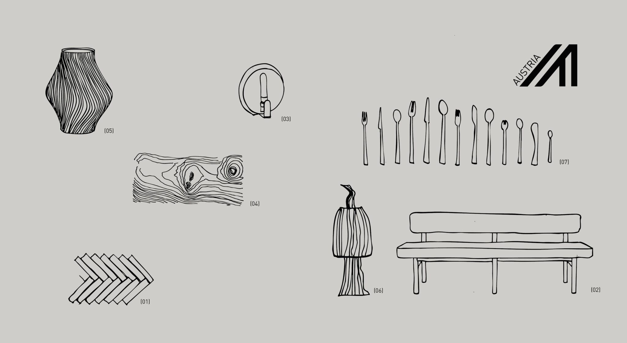 Eine minimalistische Strichzeichnung bietet eine Vorschau auf verschiedene Objekte - Vase, Wandlampe, Baumstamm, Besteck, geometrische Formen, Lampe und Bank -, die jeweils mit einer Nummer beschriftet sind, mit dem Österreich-Logo in der rechten oberen Ecke.