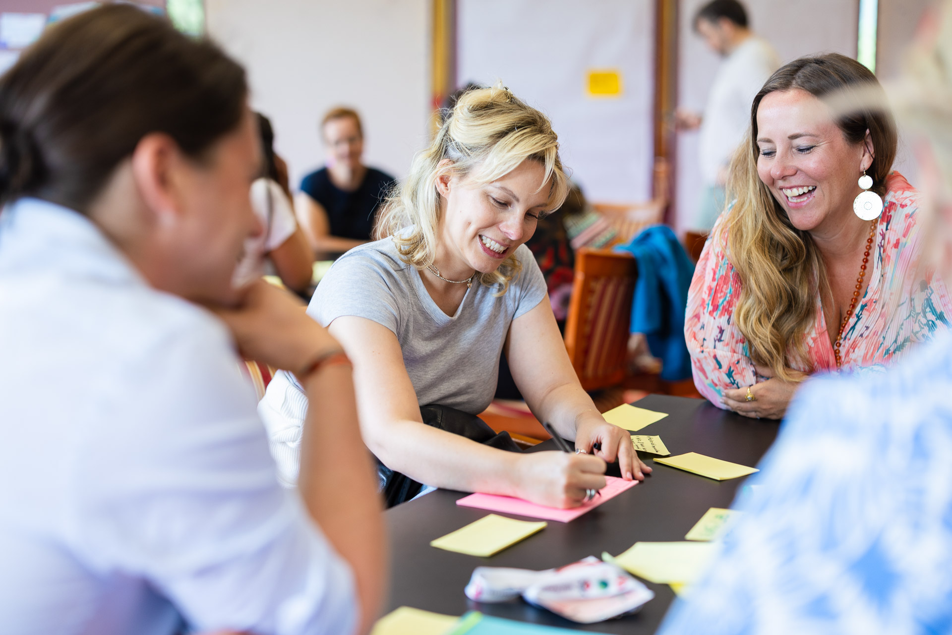 Vier Frauen sitzen um einen Tisch, lächeln und schreiben auf Klebezettel. Die Atmosphäre ist zwanglos und gemeinschaftlich, während andere im Hintergrund ebenfalls mit Gruppenaktivitäten beschäftigt sind.