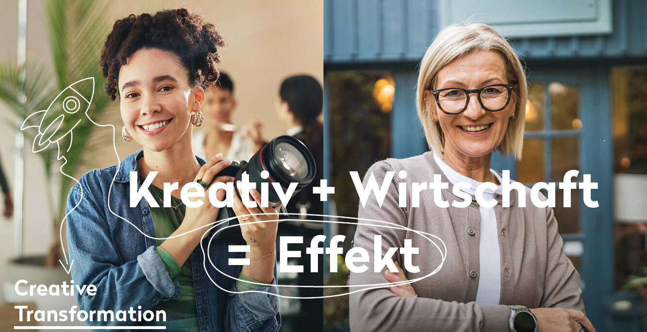 Geteiltes Bild: Links lächelt eine junge Frau mit lockigem Haar und Kamera, um sie herum kreative Ikonen. Auf der rechten Seite steht eine ältere Frau mit Brille selbstbewusst. Der Text lautet: "Creative Industries + Business = Effekt. Creative Transformation Summit 16.10.2025.