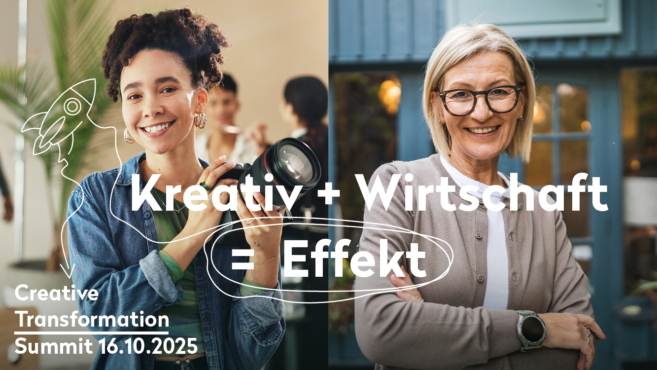 Geteiltes Bild: Links lächelt eine junge Frau mit lockigem Haar und Kamera, um sie herum kreative Ikonen. Auf der rechten Seite steht eine ältere Frau mit Brille selbstbewusst. Der Text lautet: "Creative Industries + Business = Effekt. Creative Transformation Summit 16.10.2025.
