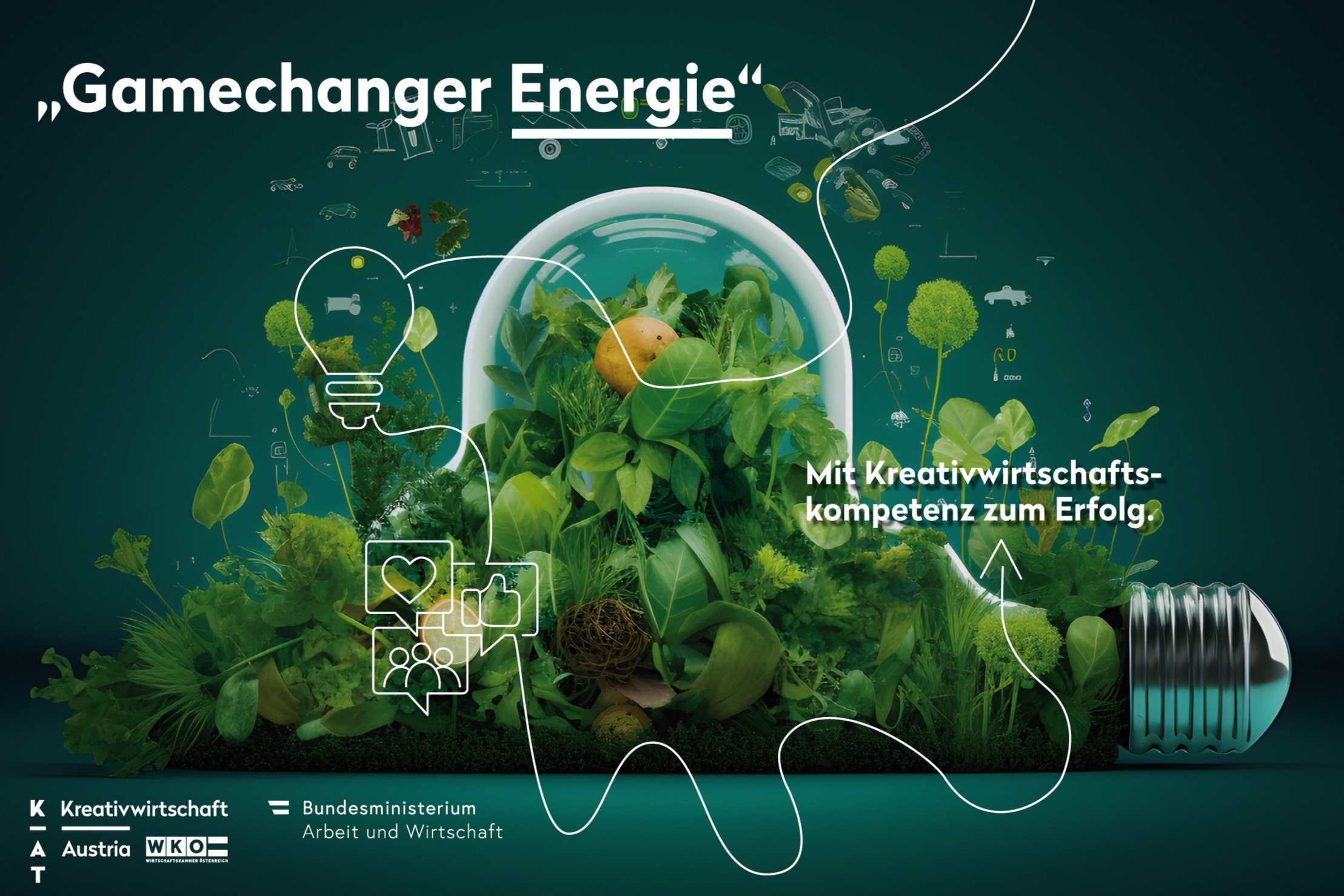 Eine Glühbirne, gefüllt mit grünen Pflanzen und Bäumen, symbolisiert nachhaltige Energie. Weiße Icons und Text stehen für: Gamechanger Energie und Mit Kreativwirtschaftskompetenz zum Erfolg, die die Rolle der Kreativwirtschaft für den wirtschaftlichen Erfolg auf einem dunkelgrünen Hintergrund hervorheben.