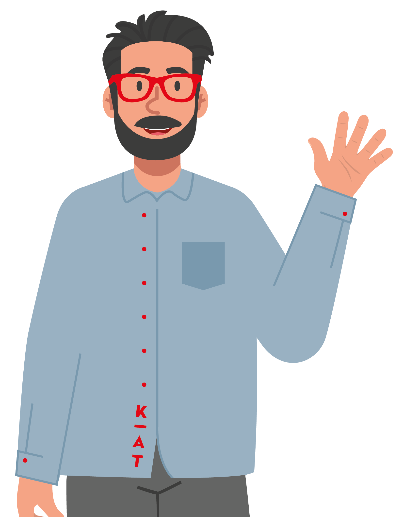 Ein illustrierter Mann mit dunklem Haar und Bart, der eine rote Brille, ein hellblaues Hemd mit roten Knöpfen und eine graue Hose trägt, lächelt und winkt mit seiner rechten Hand. Auf seinem Hemd sind senkrecht die Buchstaben KAT aufgedruckt.