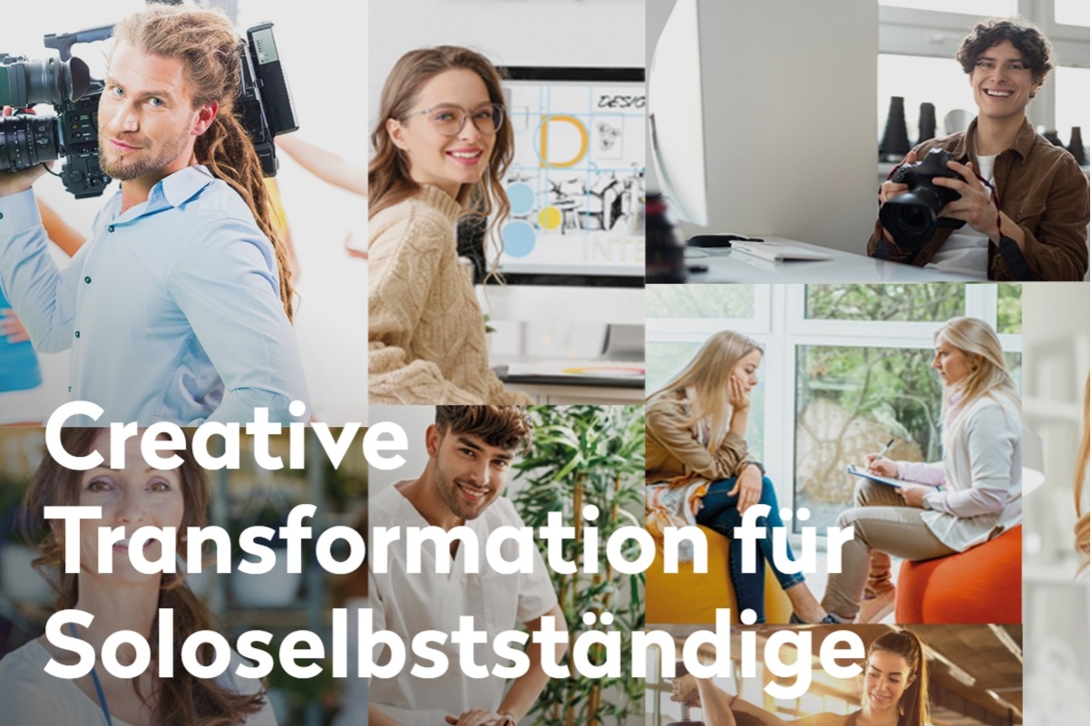 Eine Collage lächelnder junger Berufstätiger, die in der Geschäfts- und Kreativbranche tätig sind, z. B. in den Bereichen Fotografie, Design und Coaching. Der Text über dem Bild lautet: Kreative Transformation für Soloselbstständige.