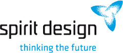 Spirit Design-Logo mit einem blauen abstrakten Symbol mit drei Blütenblättern oben rechts. Unter dem Namen lautet der Slogan "thinking the future" in blauer Kleinschrift.