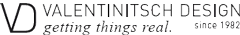 Logo mit stilisierten Buchstaben VD gefolgt von dem Text VALENTINITSCH DESIGN über dem Slogan getting things real. und seit 1982 in kleinerer Schrift auf der rechten Seite.