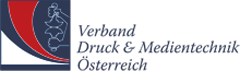 Logo des Verbandes Druck & Medientechnik Österreich mit einer stilisierten Grafik auf der linken Seite und dem Namen des Verbandes auf Deutsch auf der rechten Seite, alles auf hellem Hintergrund.