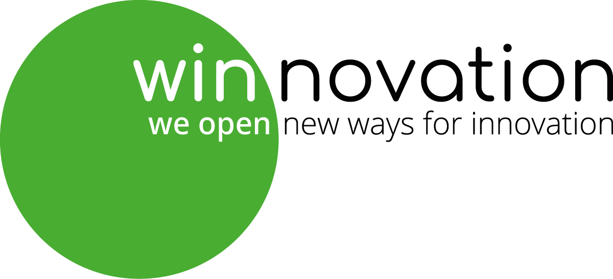 Ein großer grüner Kreis mit dem Text winnovation und we open new ways for innovation. Der Teil "win" ist innerhalb des Kreises weiß hervorgehoben, während der Rest in Schwarz auf weißem Hintergrund steht.