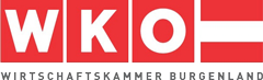 Logo der Wirtschaftskammer Burgenland (WKO) mit den Buchstaben WKO in Weiß auf roten Quadraten und der österreichischen Flagge rechts. Darunter steht in schwarzer Schrift Wirtschaftskammer Burgenland.