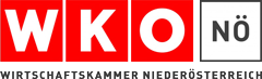 Logo der Wirtschaftskammer Niederösterreich (WKO NÖ), das die Buchstaben WKO in weißer Schrift auf roten Quadraten und NÖ in schwarzer Schrift auf einem weißen Quadrat zeigt, darunter der vollständige Name.