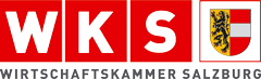 Logo der Wirtschaftskammer Salzburg (WKS) mit roten und weißen Blöcken mit den Buchstaben W, K, S und einem Schild mit einem schwarz-goldenen Löwen. Der Text darunter lautet WIRTSCHAFTSKAMMER SALZBURG.