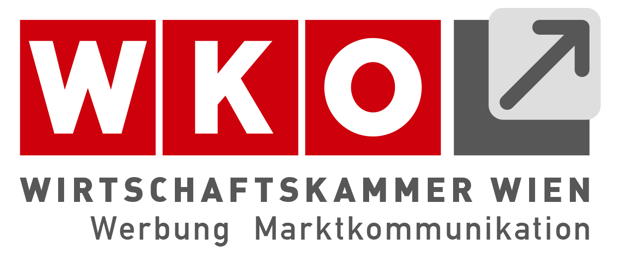 Logo der Wirtschaftskammer Wien (WKO) mit fetten roten und weißen Buchstaben, einem grauen Pfeilsymbol nach oben und darunter dem Text Werbung Marktkommunikation in Grau.
