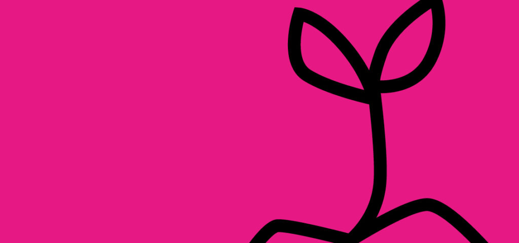 Eine einfache schwarze Strichzeichnung einer sprießenden Pflanze mit zwei Blättern auf einem leuchtend rosafarbenen Hintergrund, die auf der rechten Seite positioniert ist, erinnert an das dynamische Wachstum, für das die formate der aussenwirtschaft austria stehen.