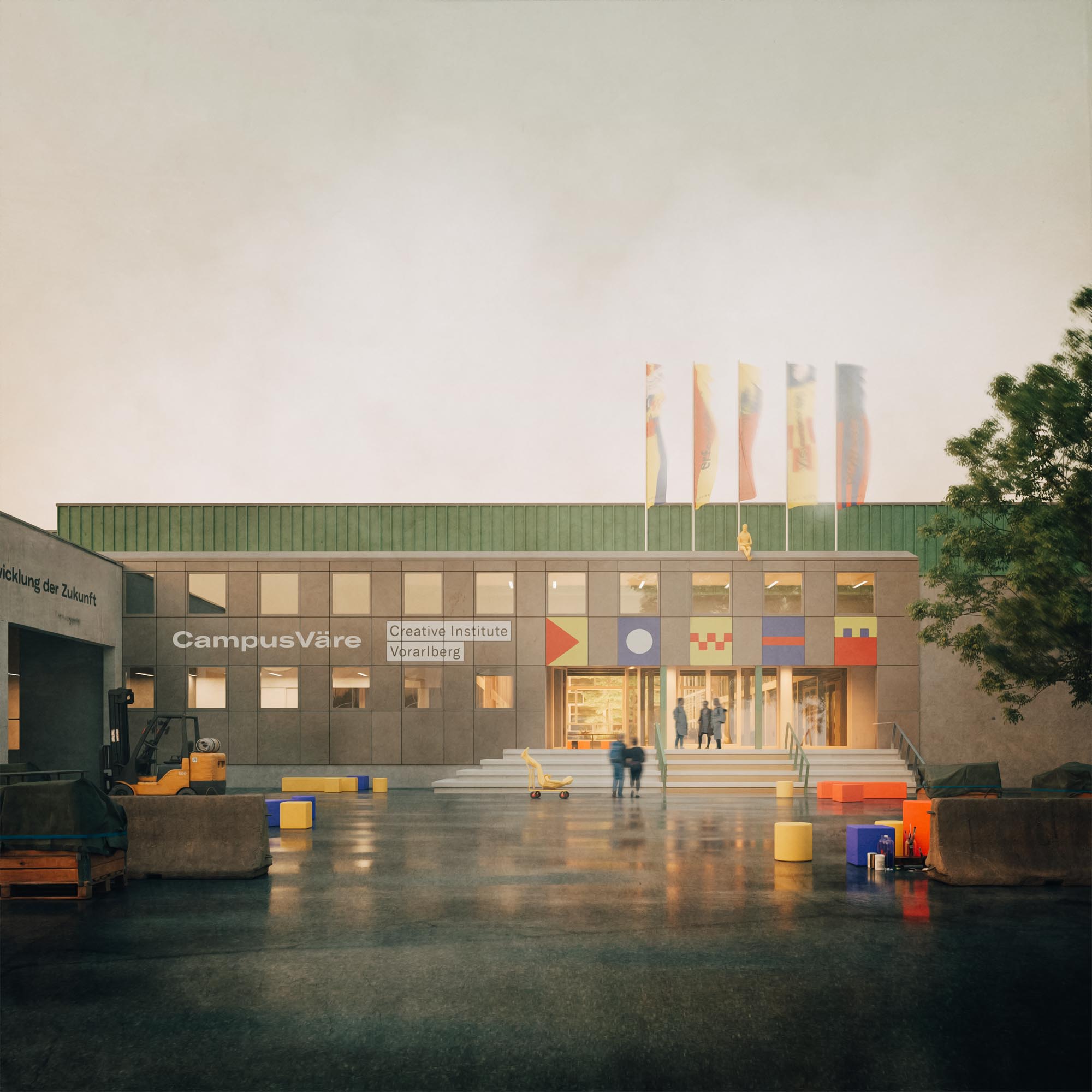 Ein modernes Gebäude mit der Aufschrift "CampusVäre Creative Institute Vorarlberg" beherbergt den Creative Transformation Summit, mit bunten, geometrischen Fahnen über dem Eingang, einer breiten Treppe, Menschen, die spazieren gehen, und bunten Gegenständen, die auf einem feuchten Hof verstreut sind.