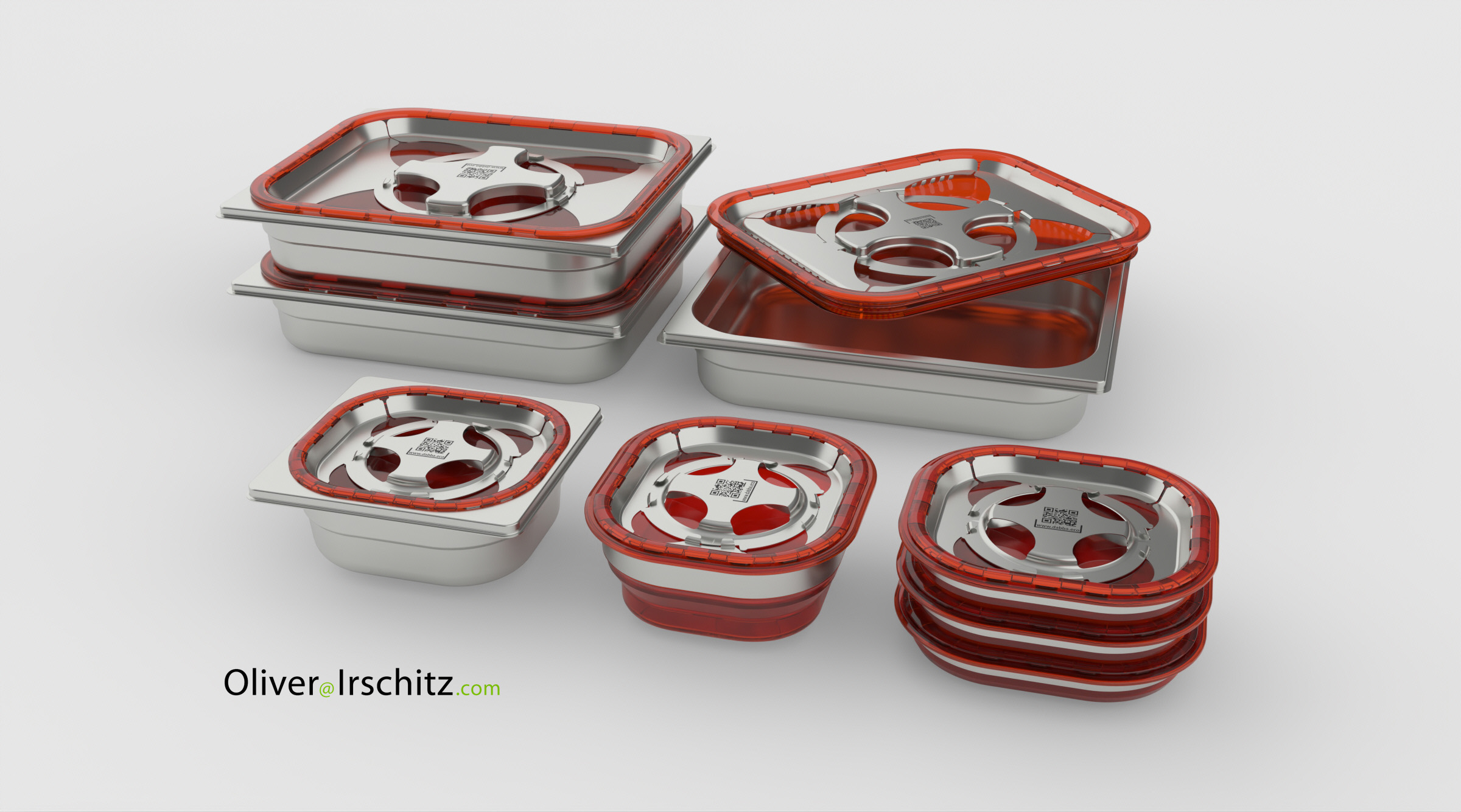 Eine Reihe von rechteckigen und quadratischen Lebensmittelbehältern aus Edelstahl mit roten Silikondeckeln, die stapelweise auf einer weißen Fläche angeordnet sind. Das Logo Oliver Irschitz.com erscheint in der unteren linken Ecke.
