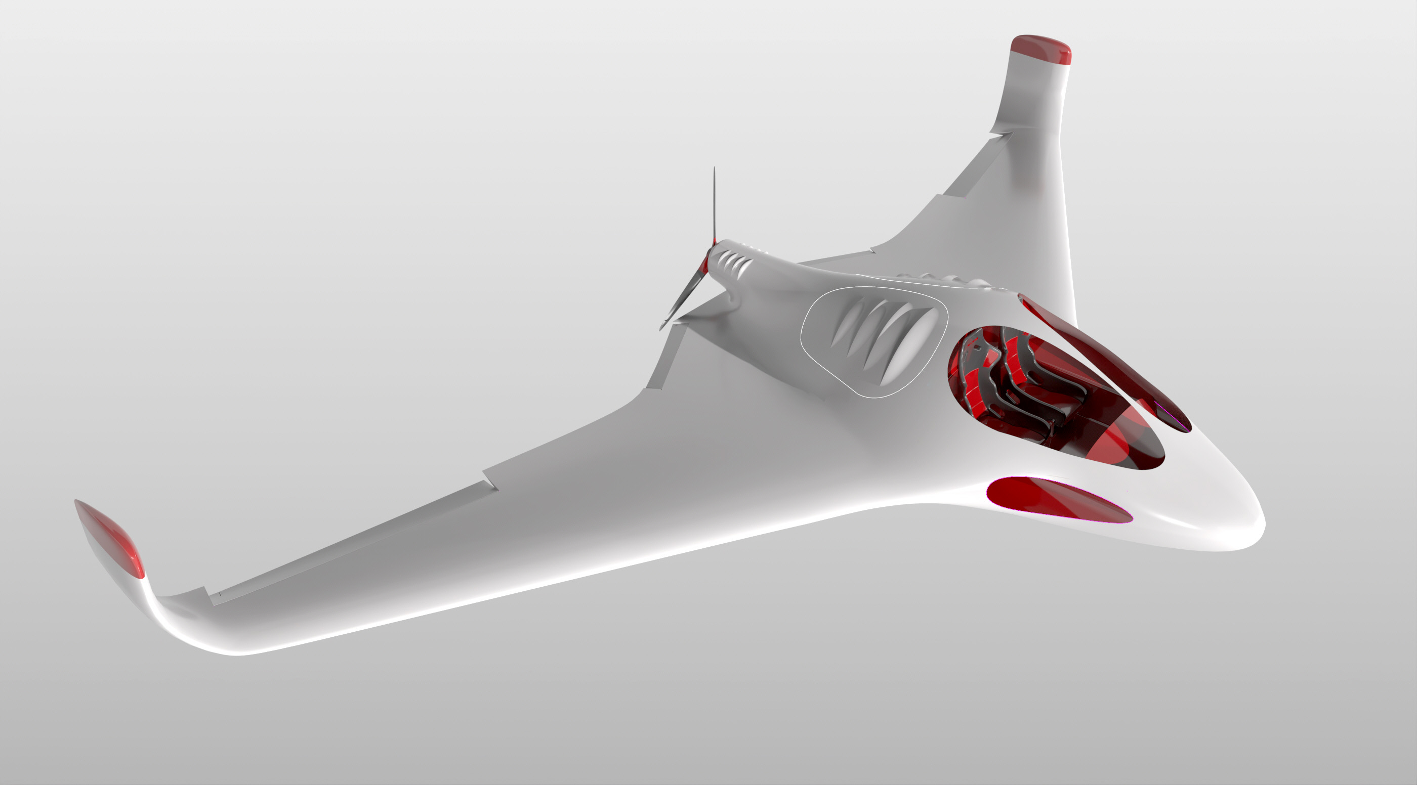 Futuristisches weißes und rotes Konzeptflugzeug mit schlankem, flügelförmigem Rumpf, transparentem Cockpit und sanften, aerodynamischen Kurven, das vor einem schlichten, hellgrauen Hintergrund fliegt.