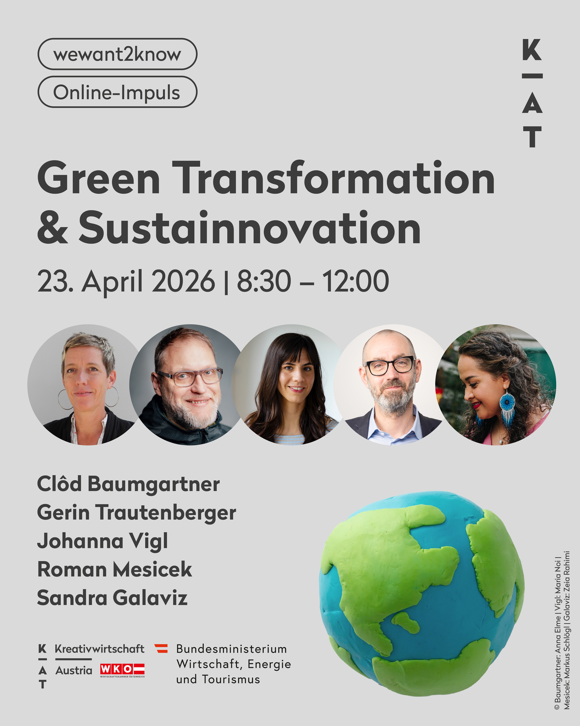 Event poster for Green Transformation & Sustainnovation on 23 April 2026, 8:30-12:00. Highlights Business innovation-five speaker photos, a stylized globe symbolizing "running in circles" and logos of the organizers.