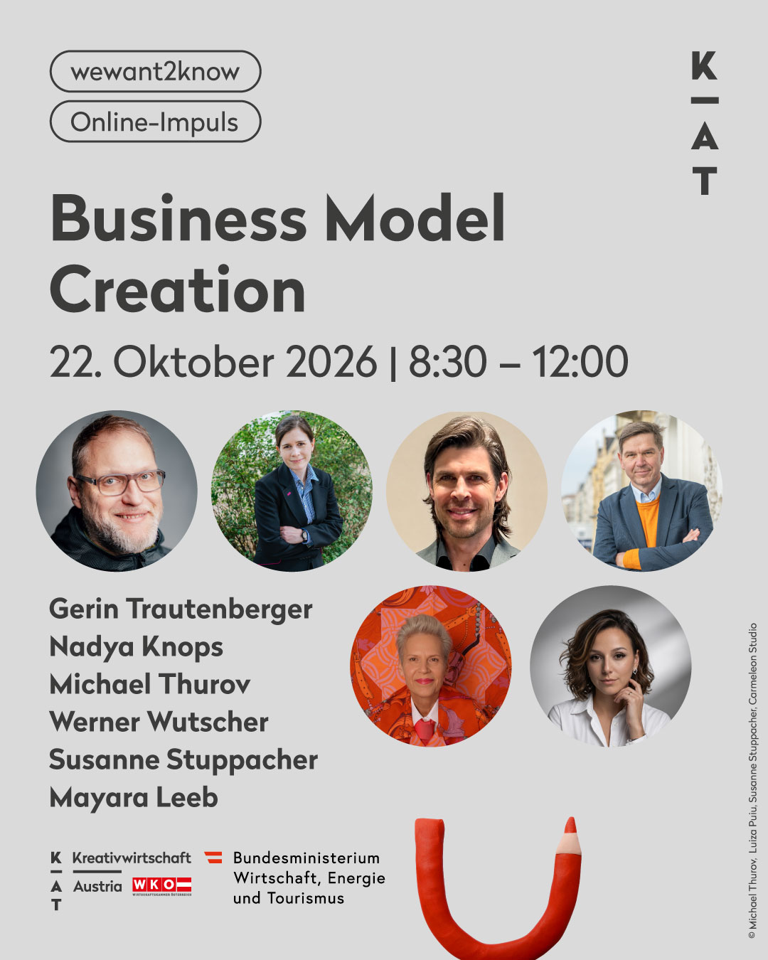Event poster for the “Business Model Creation” event on October 22, 2026, 8:30 a.m.–12:00 p.m., featuring portrait photos and the names of six speakers—including insights from Kohle—as well as event and organizer logos, the “wewant2know” branding, and colorful graphic elements on a light background.