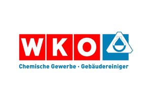 Logo mit roten Quadraten, die die weißen Buchstaben W, K und O enthalten, gefolgt von einem blauen Dreieck mit einem Laborkolben darin. Darunter steht in blauer Schrift "Chemische Gewerbe - Gebäudereiniger", was den kreativen Wandel in den Bereichen Gesundheitstechnologie und Soziales widerspiegelt.