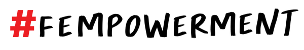Das Bild zeigt den Hashtag #FEMPOWERMENT, mit dem Hashtag-Symbol in roter und dem Rest in fetten schwarzen Buchstaben auf hellem Hintergrund, die kreative Transformation und soziale Ermächtigung widerspiegeln.