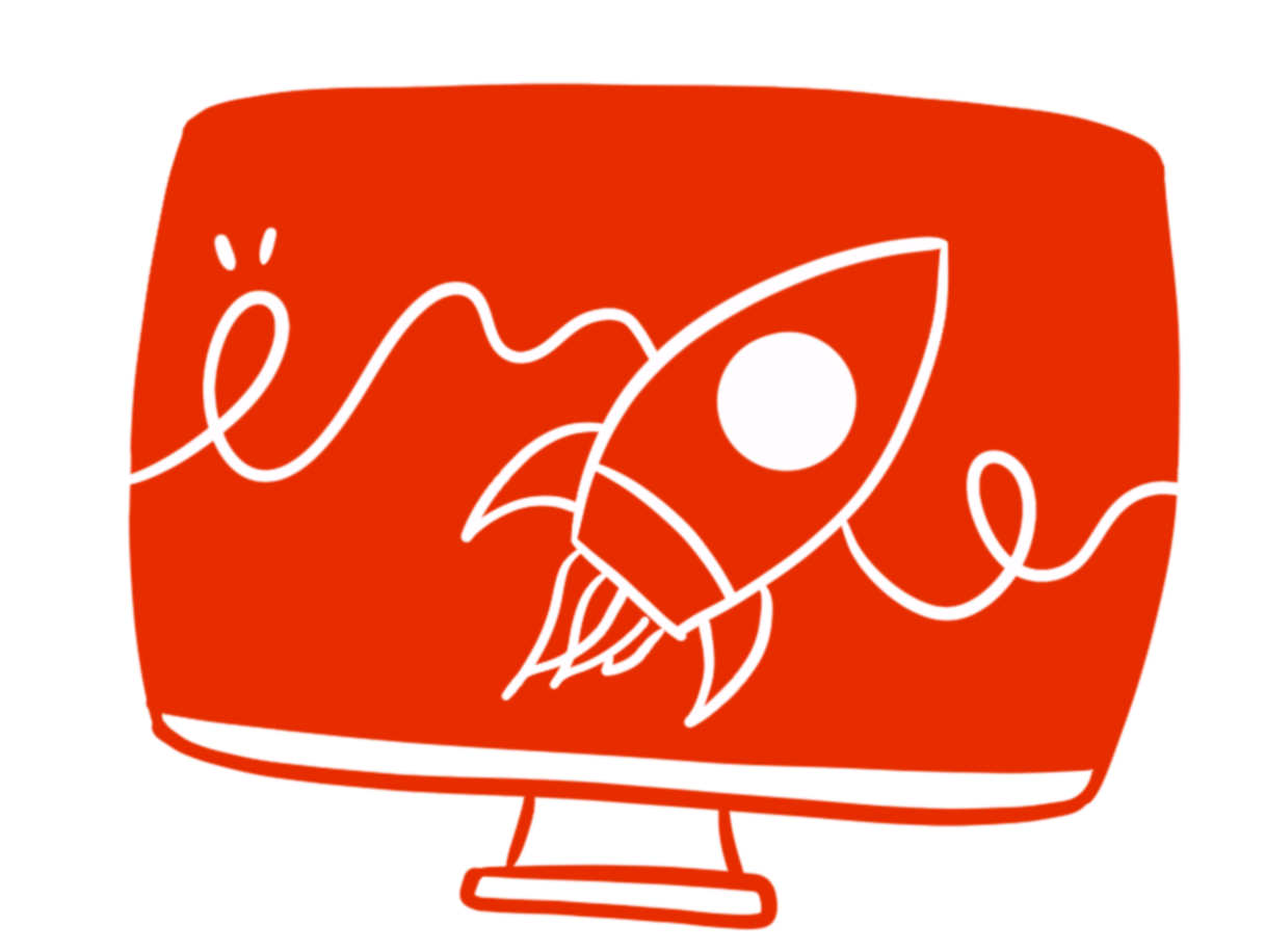 Auf einem roten Computermonitor ist eine einfache weiße Linienzeichnung eines startenden Raketenschiffs zu sehen, dessen verschnörkelte Linienspur den kreativen Wandel in der Gesundheitstechnologie und sozialen Innovation symbolisiert.