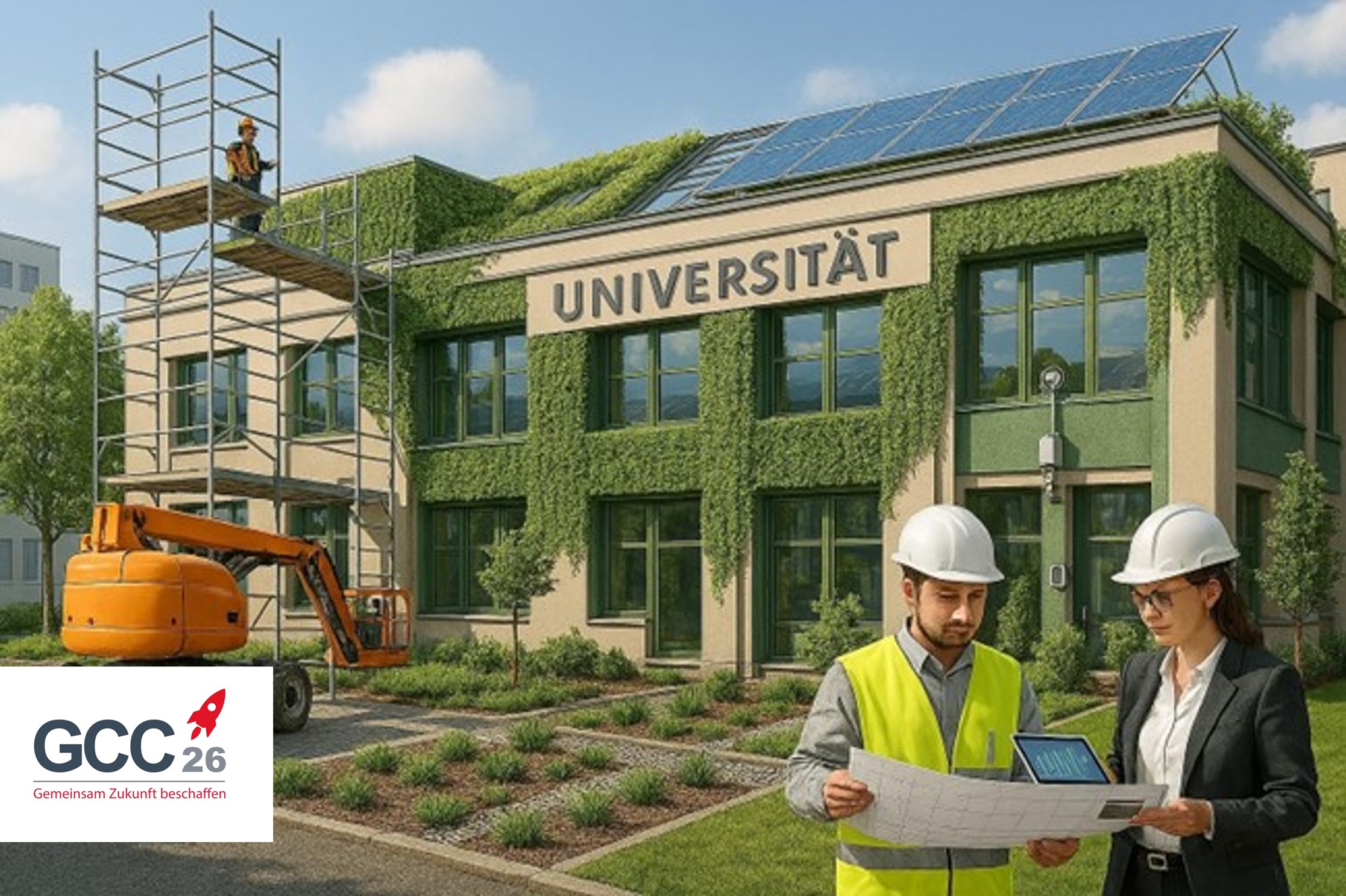 Ingenieure in Schutzkleidung begutachten Pläne vor einem Universitätsgebäude mit Solarzellen und grünen Wänden im Rahmen der vienna design week. Gerüste und ein Aufzug weisen auf laufende Bauarbeiten hin. Das GCC26-Logo erscheint in der Ecke.