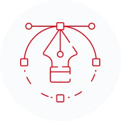 Rotes Umriss-Symbol einer Schreibfeder, umgeben von geometrischen Formen und Linien, als Symbol für Grafikdesign oder Vektorbearbeitung, auf einem weißen kreisförmigen Hintergrund.