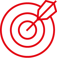 Ein roter Umriss eines Pfeils, der die Mitte einer Zielscheibe trifft, symbolisiert Genauigkeit oder das Erreichen eines Ziels, auf einem hellgrauen Hintergrund.