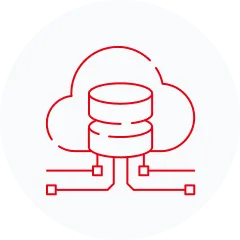 Rote Linienzeichnung einer Wolke, zwei gestapelte Scheiben, die eine Datenbank darstellen, und vier verbundene Knoten auf weißem Hintergrund, die die Datenspeicherung in der Wolke oder das Cloud Computing veranschaulichen.