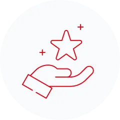 Roter Umriss einer Hand mit der Handfläche nach oben, die einen Stern mit zwei kleinen Pluszeichen in der Nähe hält, alles auf einem weißen kreisförmigen Hintergrund.