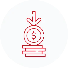Rote Strichzeichnung eines Münzstapels mit einem Dollarzeichen auf der obersten Münze und einem Abwärtspfeil darüber, auf weißem kreisförmigen Hintergrund.
