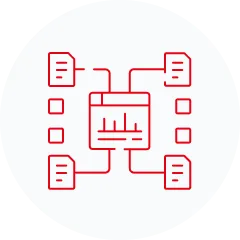 Ein rotes Liniensymbol einer zentralen Webseite, die mit vier Dokumenten mit Linien und Quadraten verbunden ist, die die gemeinsame Nutzung von Daten oder die Integration veranschaulichen. Das Bild befindet sich auf einem weißen, kreisförmigen Hintergrund.