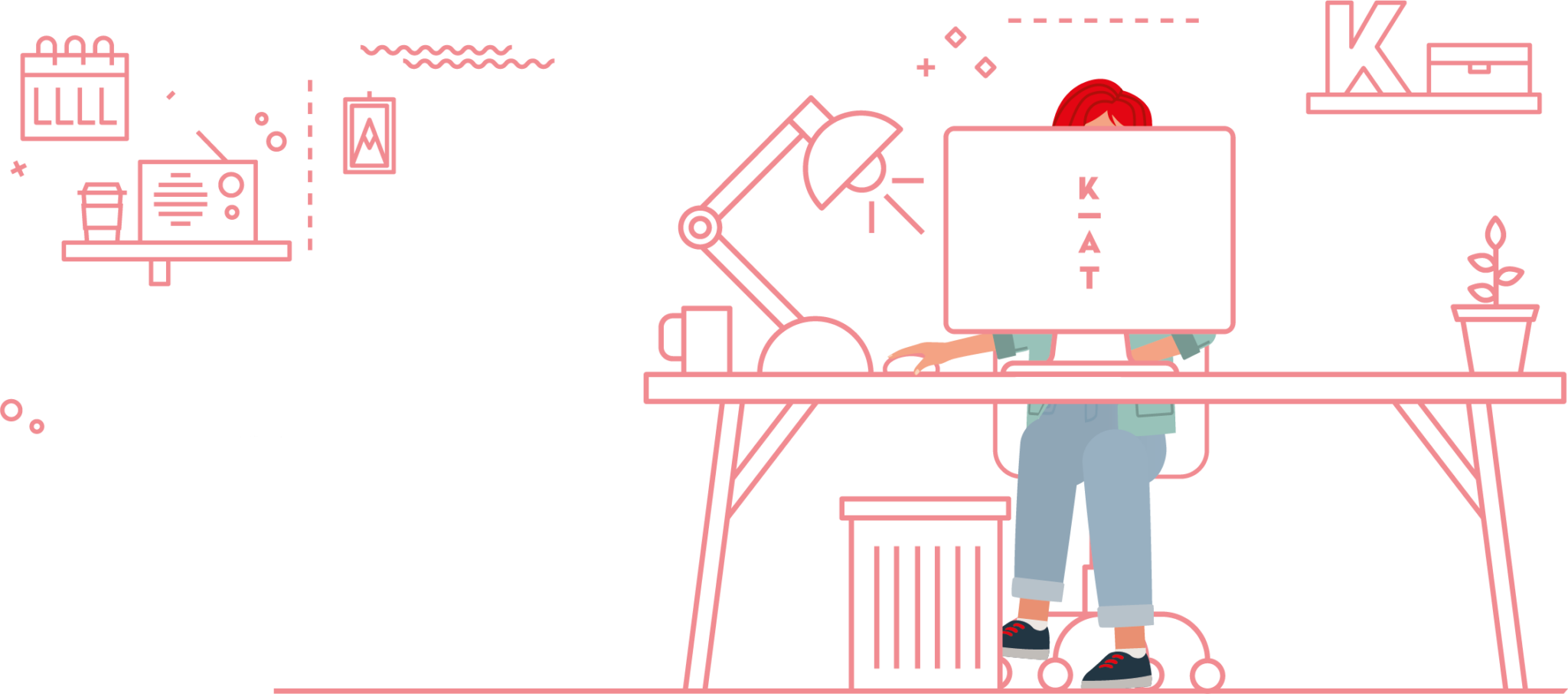 Illustration einer Person mit roten Haaren, die an einem Schreibtisch sitzt und an einem Computer arbeitet, auf dem die Buchstaben KAT angezeigt werden - ein Hinweis auf die Konzentration auf eine Lernplattform. Auf dem Schreibtisch befinden sich eine Lampe, eine Tasse, eine Pflanze und ein Mülleimer, mit minimalistischem Dekor im Hintergrund.