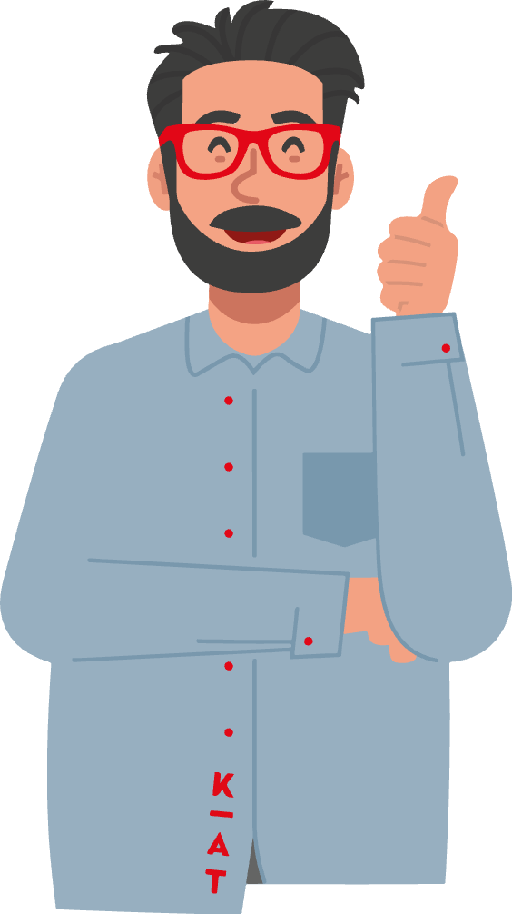 Illustration eines lächelnden, bärtigen Mannes mit roter Brille und hellblauem Hemd, der mit seiner rechten Hand den Daumen nach oben streckt.