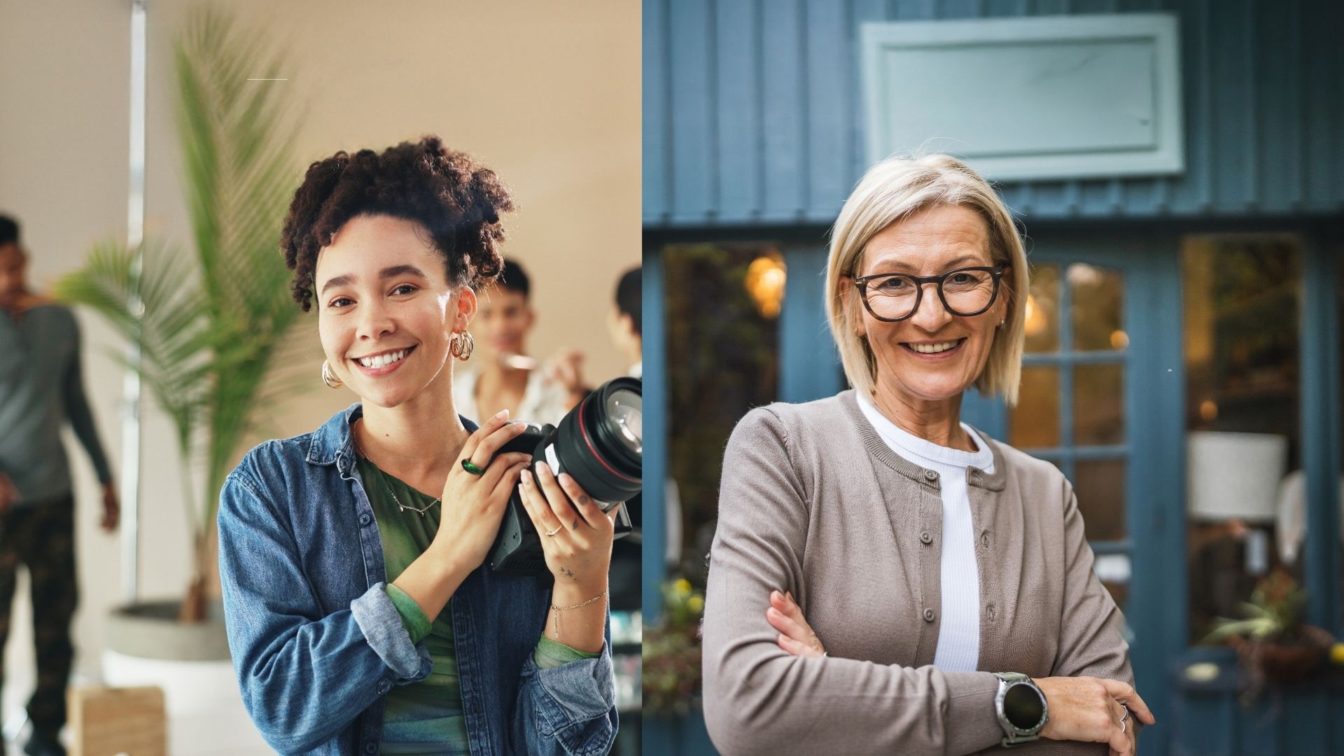 Geteiltes Bild: Auf der linken Seite lächelt eine junge Frau mit lockigem Haar, während sie in einem Innenraum eine Kamera hält. Rechts lächelt eine ältere Frau mit Brille und grauem Haar im Freien, die Arme verschränkt, vor einem blauen Gebäude auf dem Creative Transformation Summit.