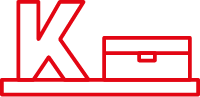 Ein fetter roter Umriss des Buchstabens K steht neben einer rechteckigen Form, die an einen Werkzeugkasten erinnert, beide auf einer horizontalen Plattform, alles auf einem hellen Hintergrund.