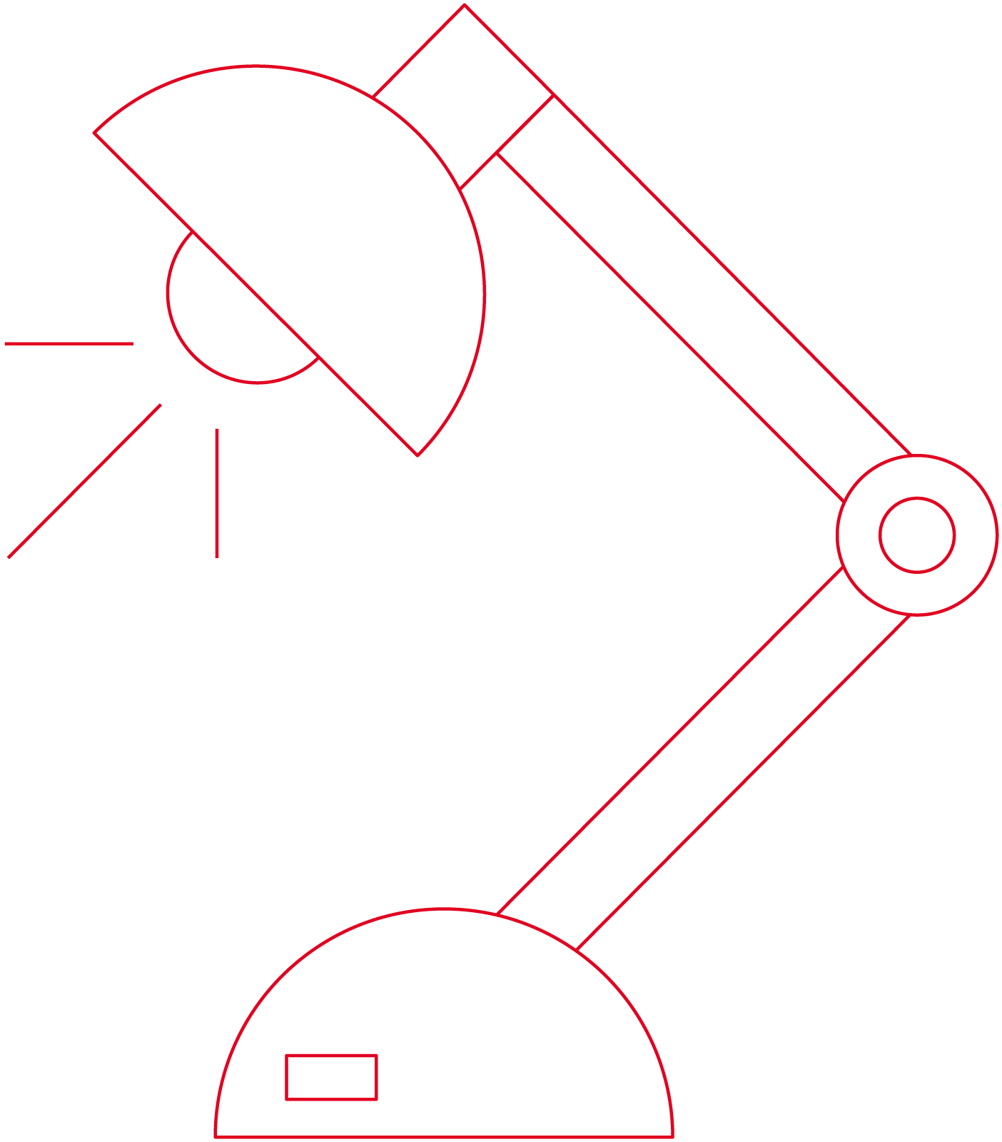 Eine einfache, rote Strichzeichnung einer verstellbaren Schreibtischlampe auf einem schlichten Hintergrund mit rundem Sockel, Gelenkarm und abgewinkeltem Lampenschirm - perfekt für inspirierende Ideen auf dem Creative Transformation Summit.